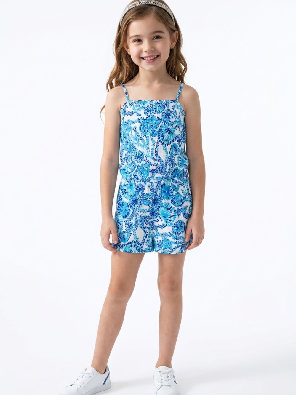 LILLY PULITZER | Blue White Printed Spaghetti Strap Romper Girl’s Size L (8-10)